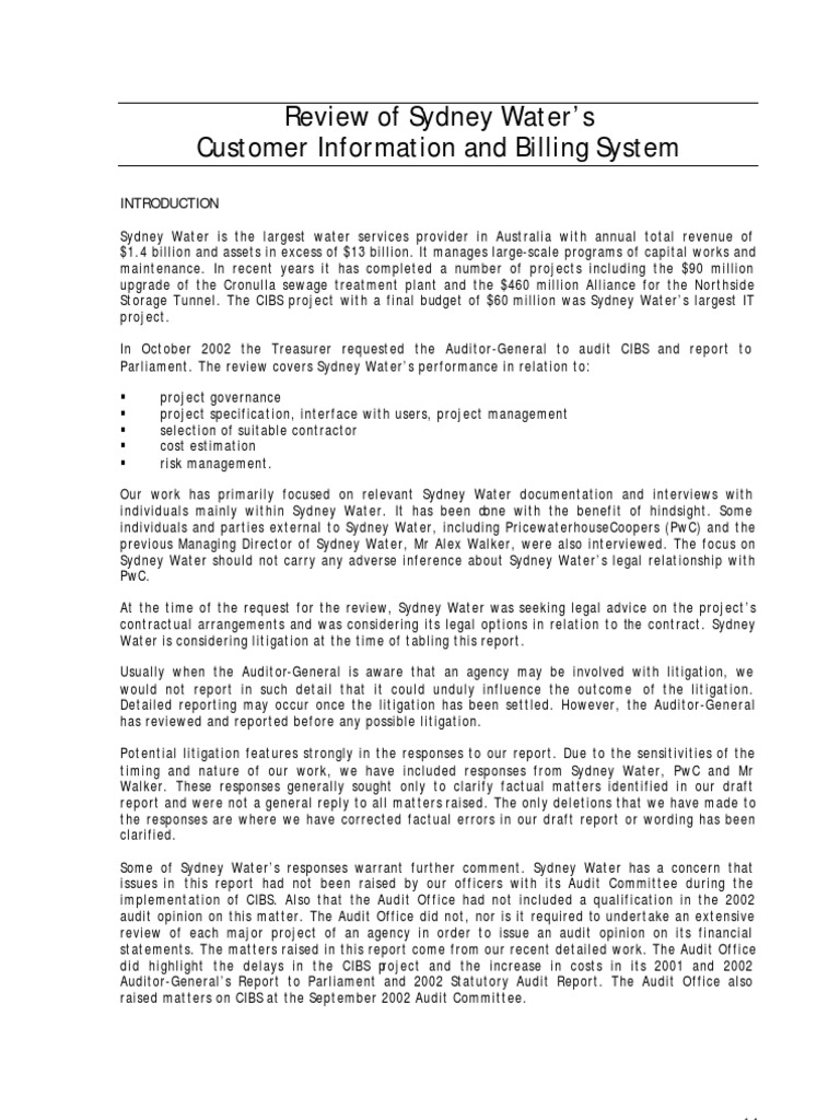 Special Rev Sydney Water CIBS PDF Audit Pricewaterhouse Coopers