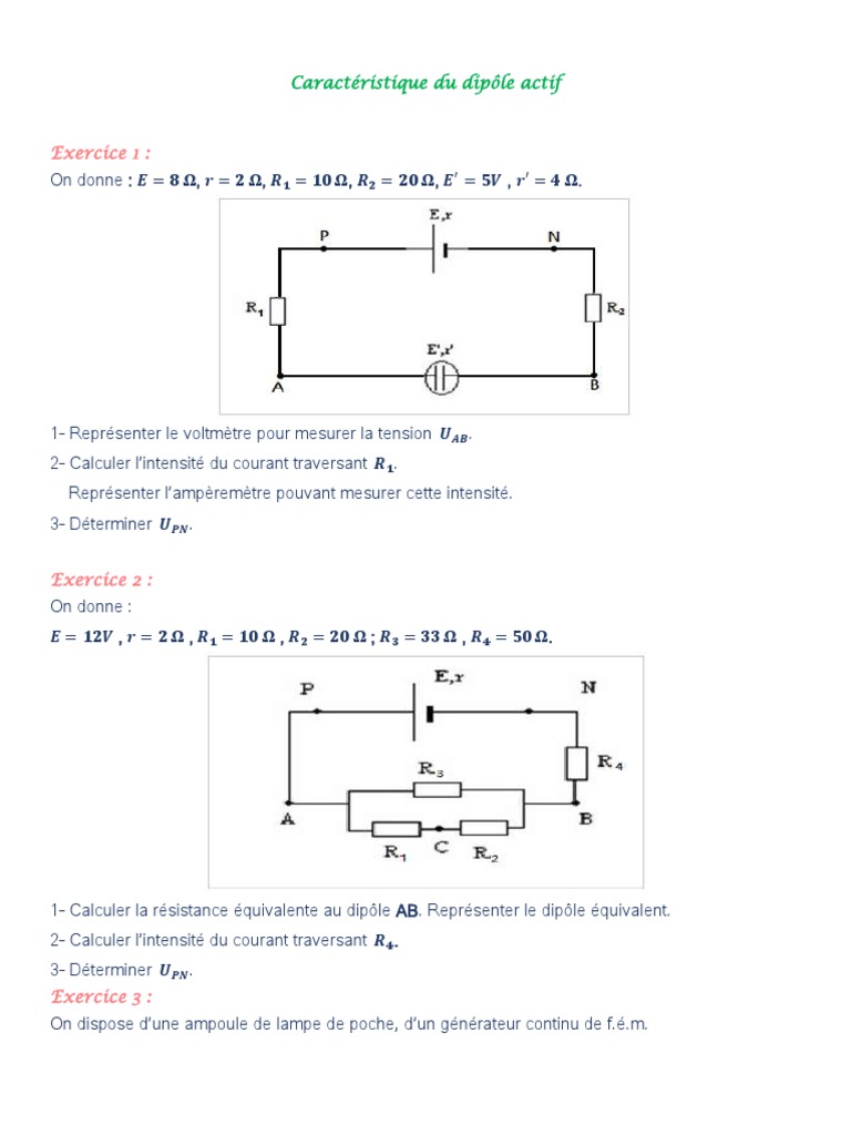 Comment Representer Une Resistance Ohmique Sur Un Schema De Circuit Caracteristiques D Un Dipole Actif Serie D Exercices | PDF