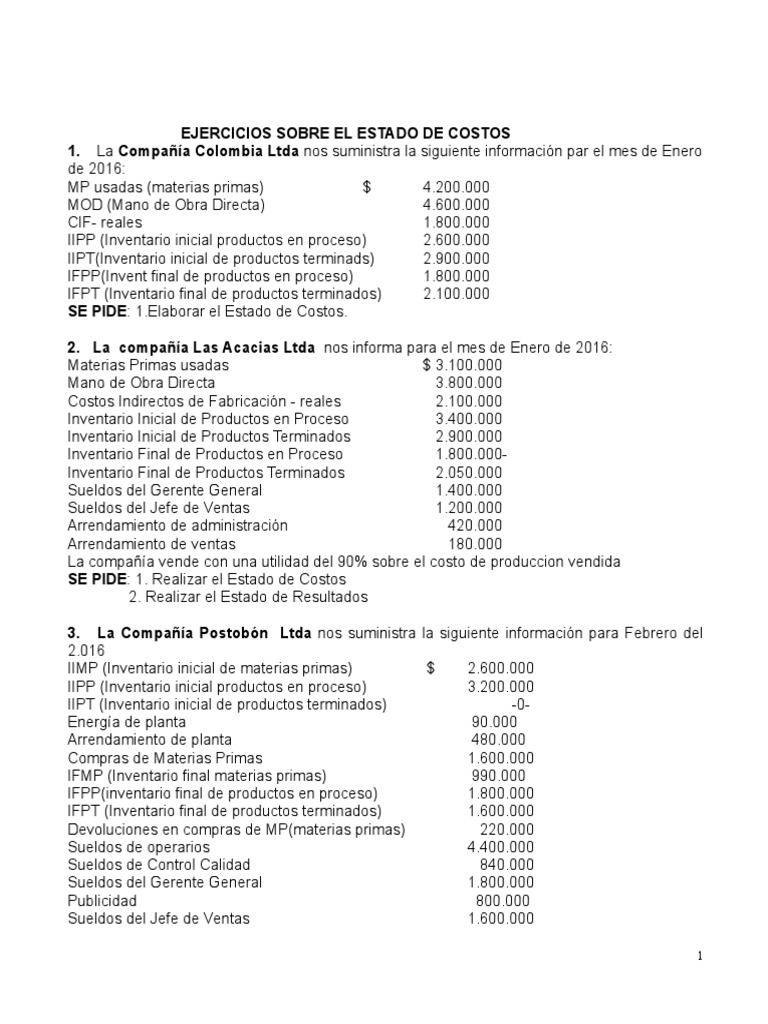 Ejercicios de Estados de Costos y Resultados | PDF | Finanzas y dinero