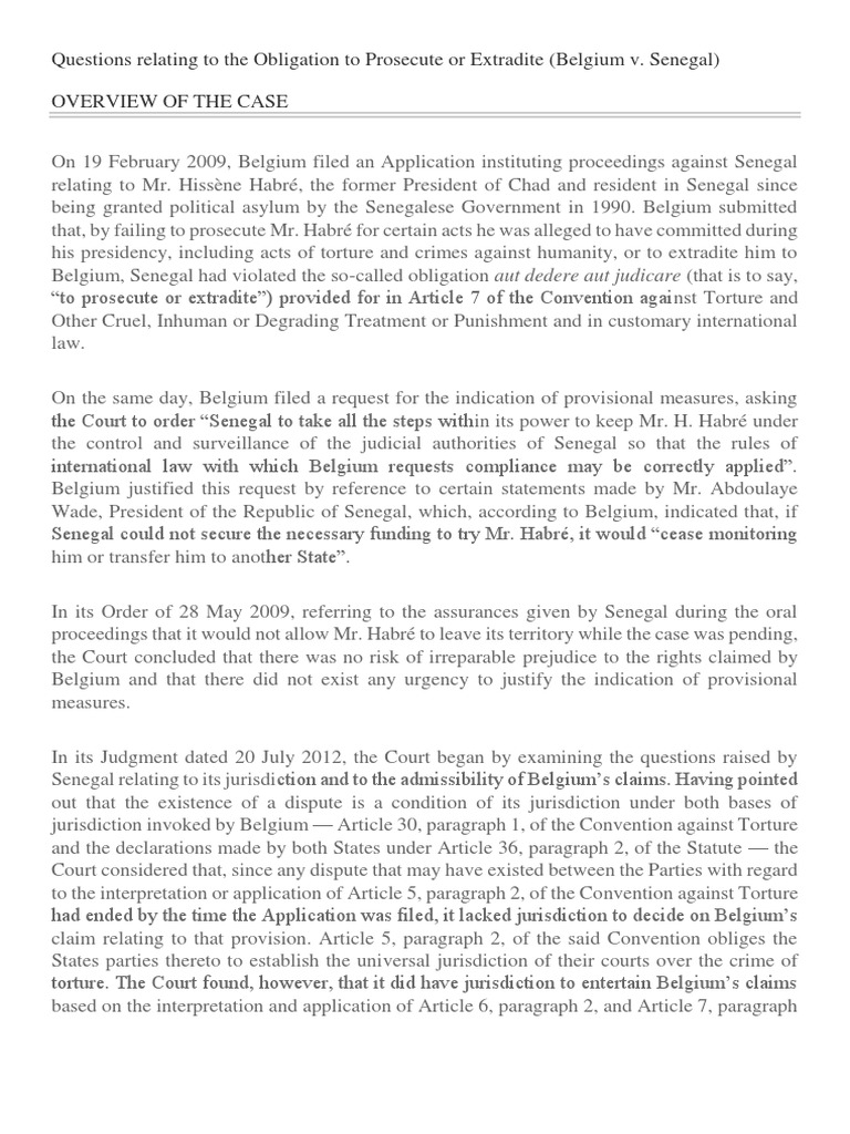 Questions Relating To The Obligation To Prosecute or Extradite (Belgium ...