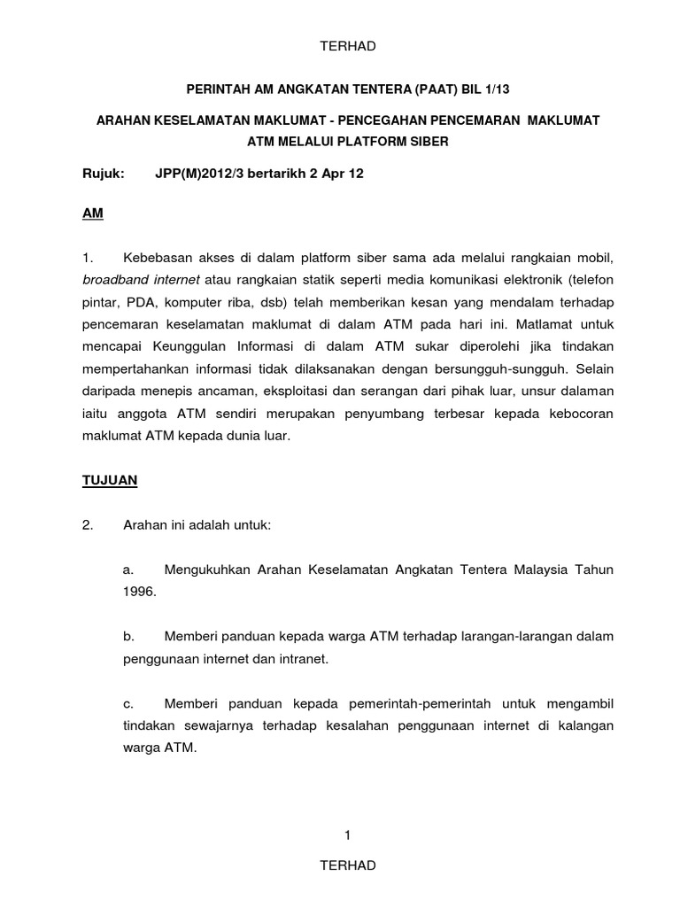 Terhad Perintah Am Angkatan Tentera Paat Bil 1 13 Arahan Keselamatan Maklumat Pencegahan Pencemaran Maklumat Atm Melalui Platform Siber Pdf
