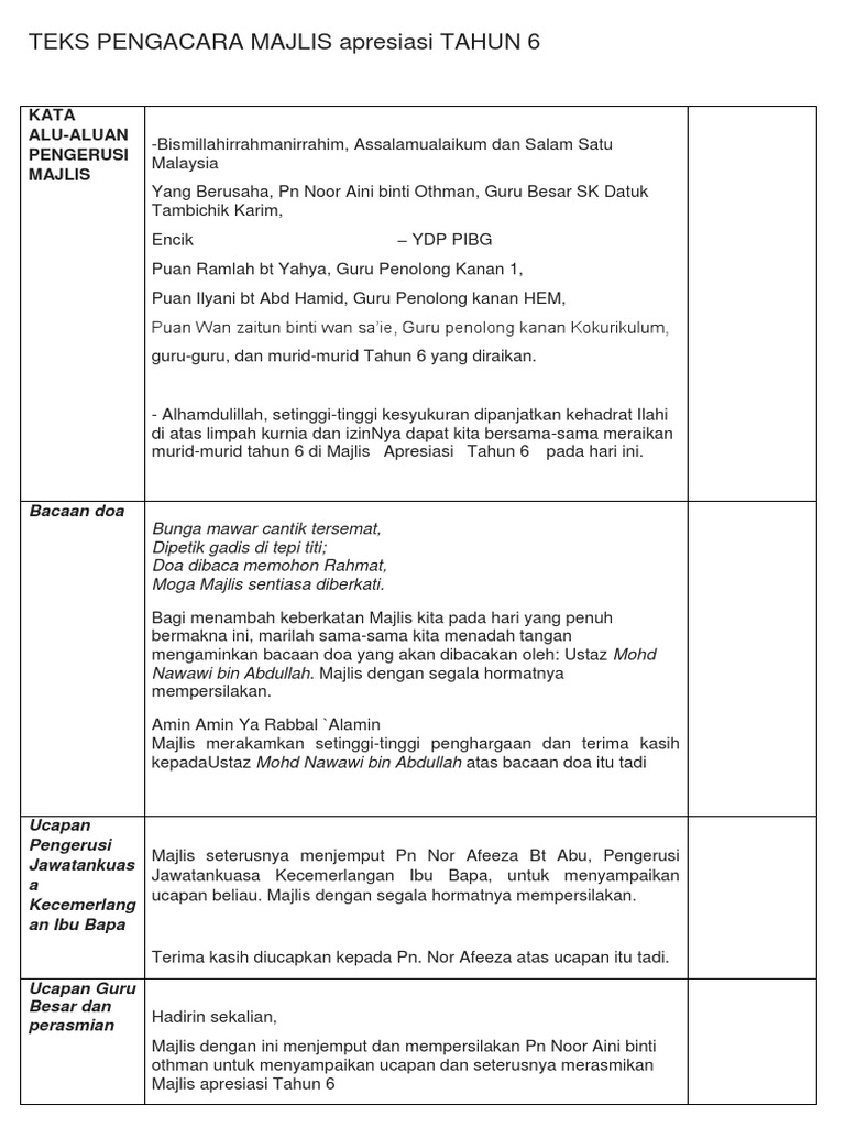 TEKS PENGACARA MAJLIS Apresiasi TAHUN 6  PDF