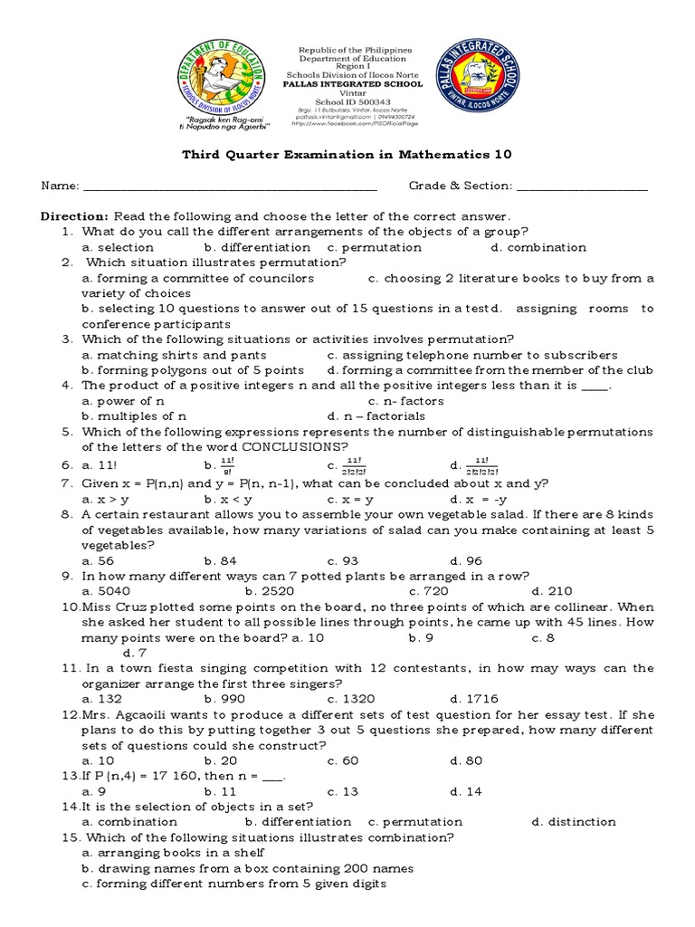 Math 10 Q3 Exam: Permutations & Combinations | PDF | Permutation ...