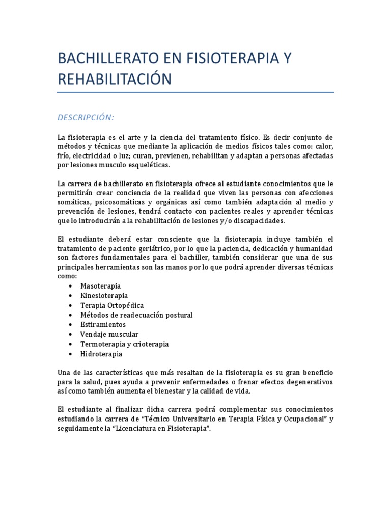 BACHILLERATO EN FISIOTERAPIA Y REHABILITACIÓN / Ejemplo de Redacción de  Carrera | PDF | Terapia física | Tratamiento de salud