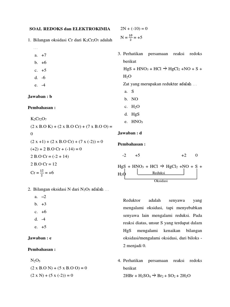 Soal Objektif Dan Pembahasan Redoks Dan Elektrokimia