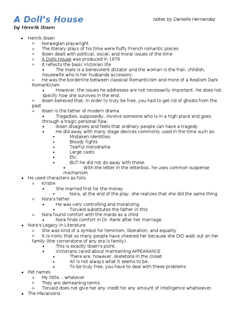 A Doll S House Notes PDF A Doll's House