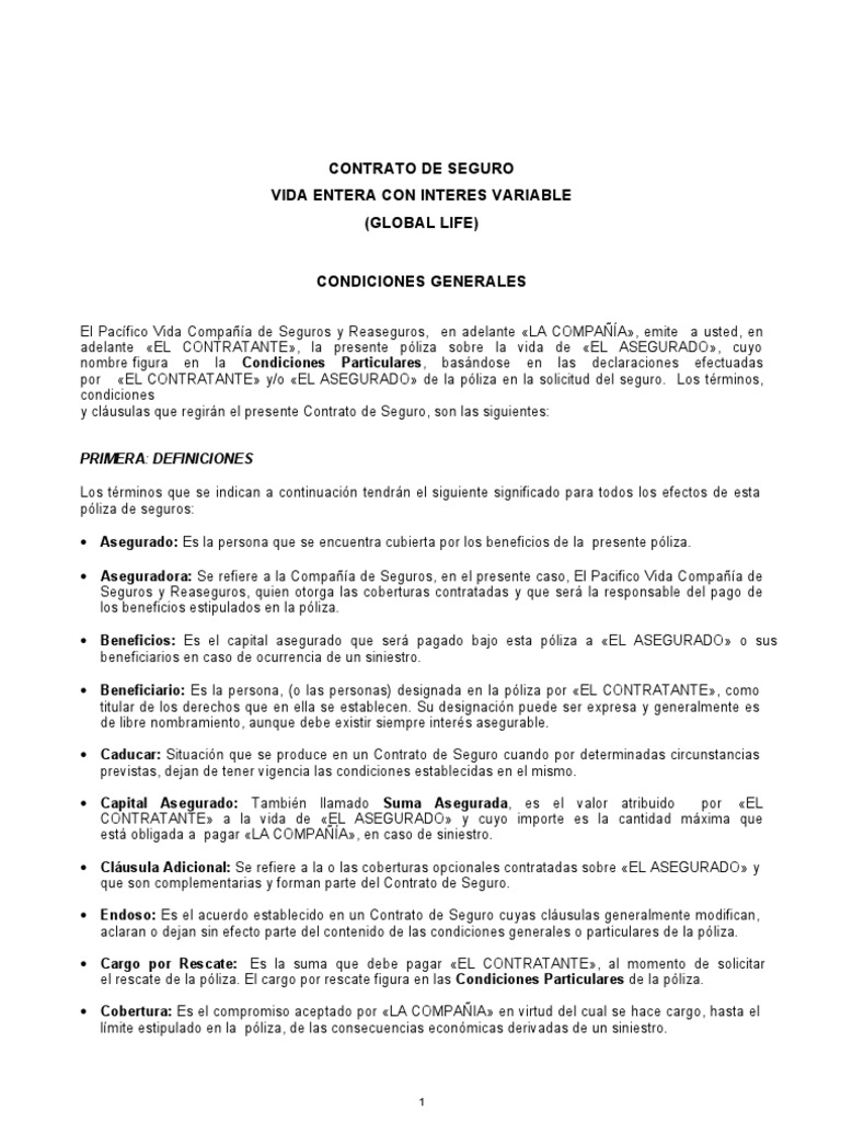 Contrato de Seguro Vida Entera (Global Life) | PDF | Póliza de seguros | Seguro  de vida