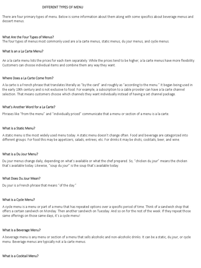 Types of Restaurant Menus Explained | PDF | Lifestyle