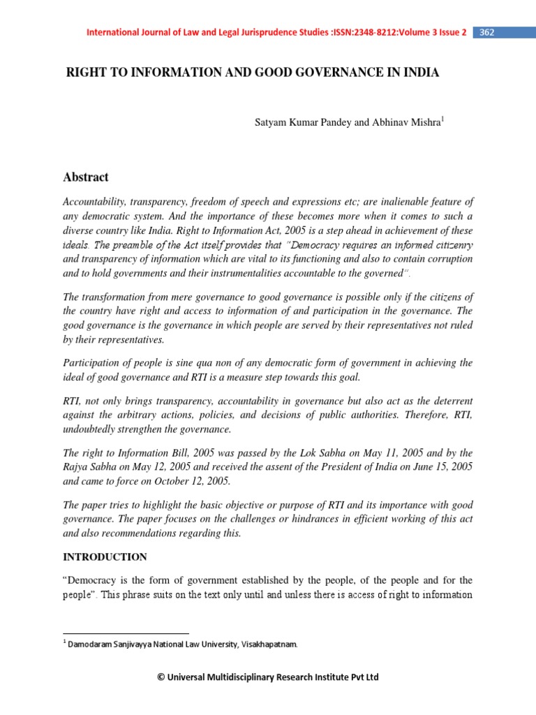 RTI's Role in Enhancing Good Governance | PDF