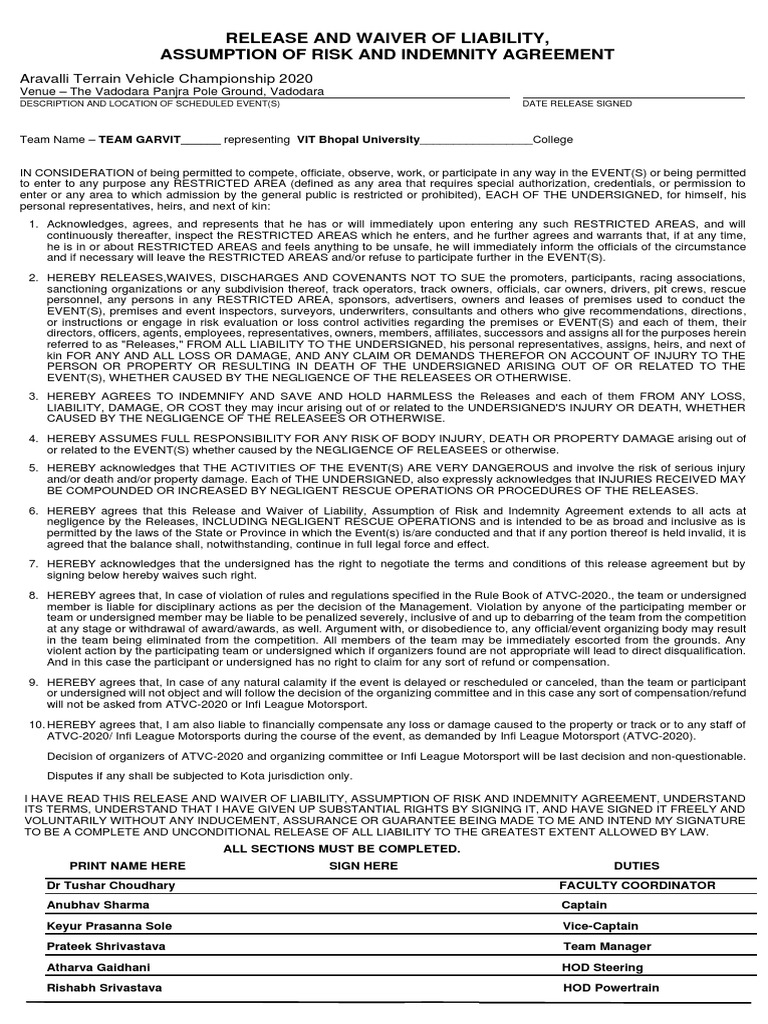 Indemnity Agreement for ATVC 2020 | PDF