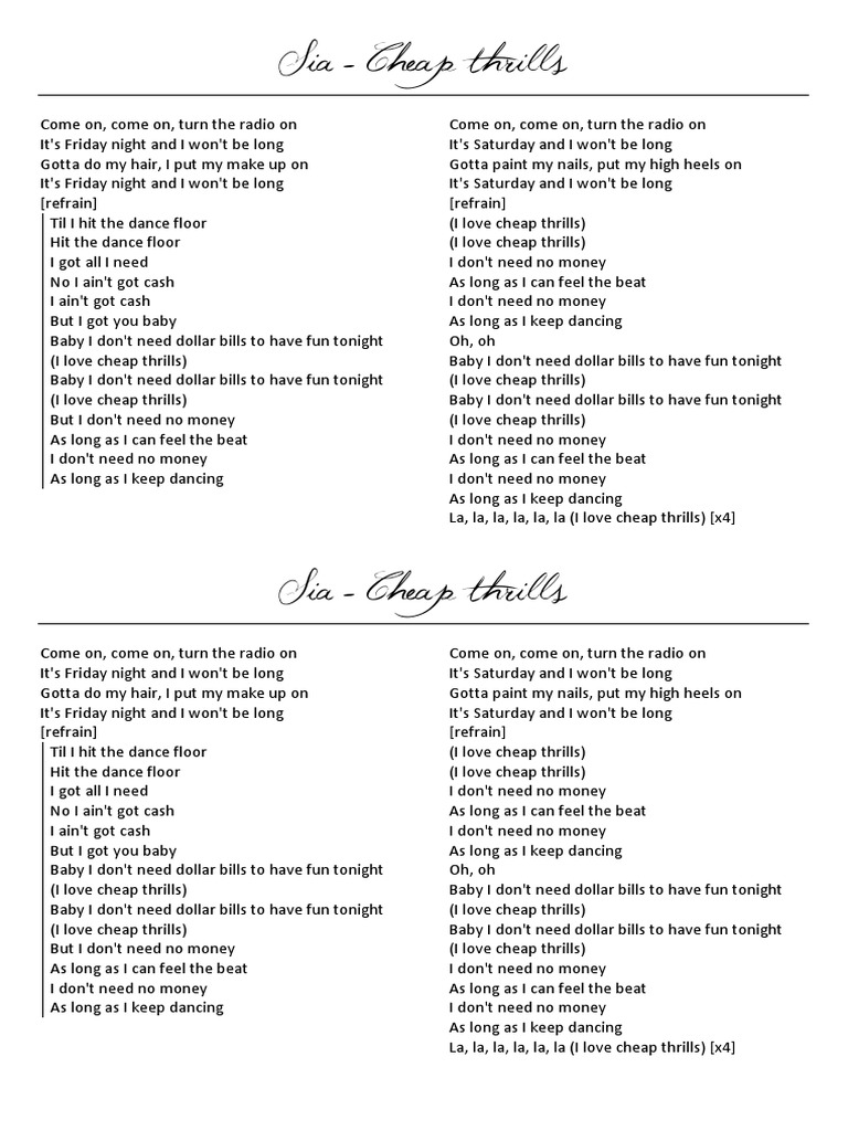 Paroles De Sia Cheap Thrills Paroles Sia Cheap Thrills PDF | PDF