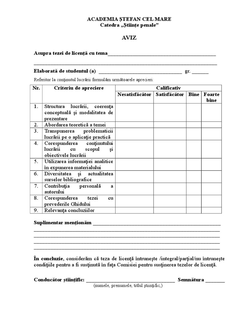 Model Aviz Teza Licenta | PDF