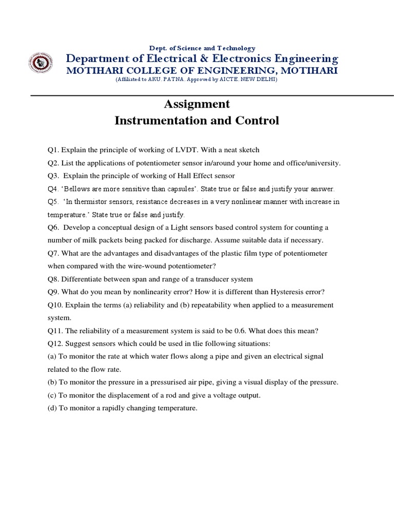 Instrumentation and Control Assignment | PDF