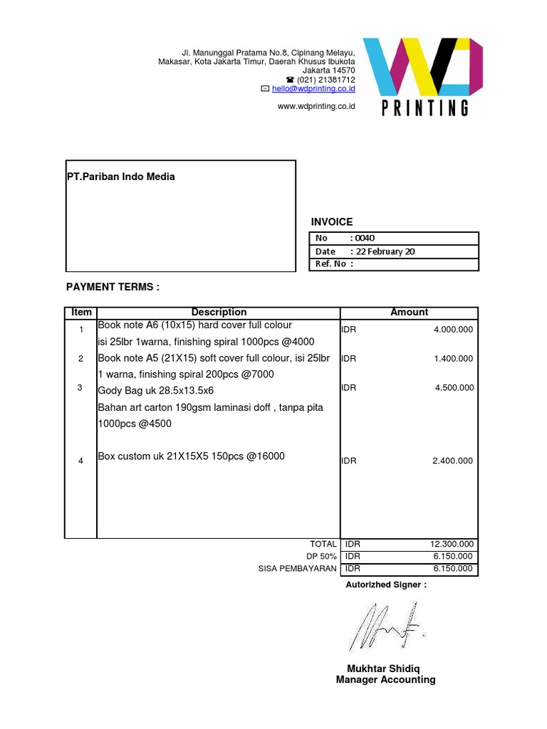 Invoice for Printing Services - Jakarta | PDF