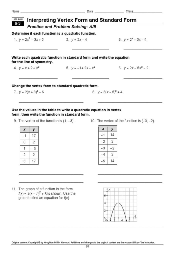 6 3 Interpreting Vertex Form And Standard Form Pdf