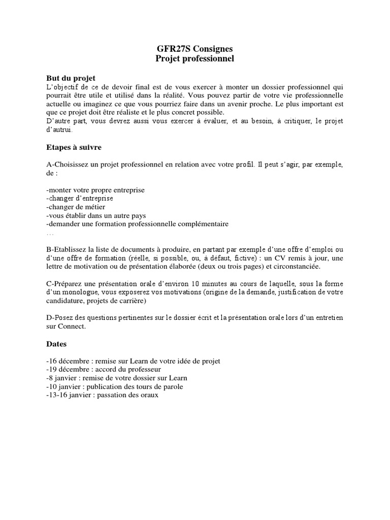 Consignes Projet Professionnel Pdf