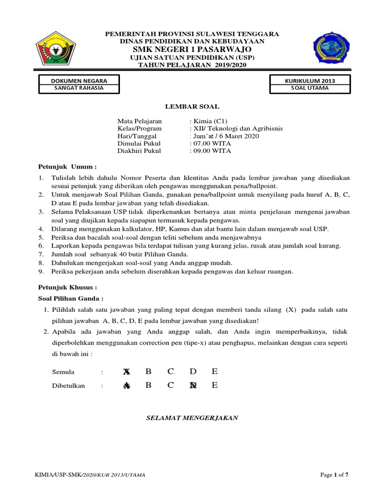 Kisi Kisi Soal Usp Kimia Smk 2019 2020