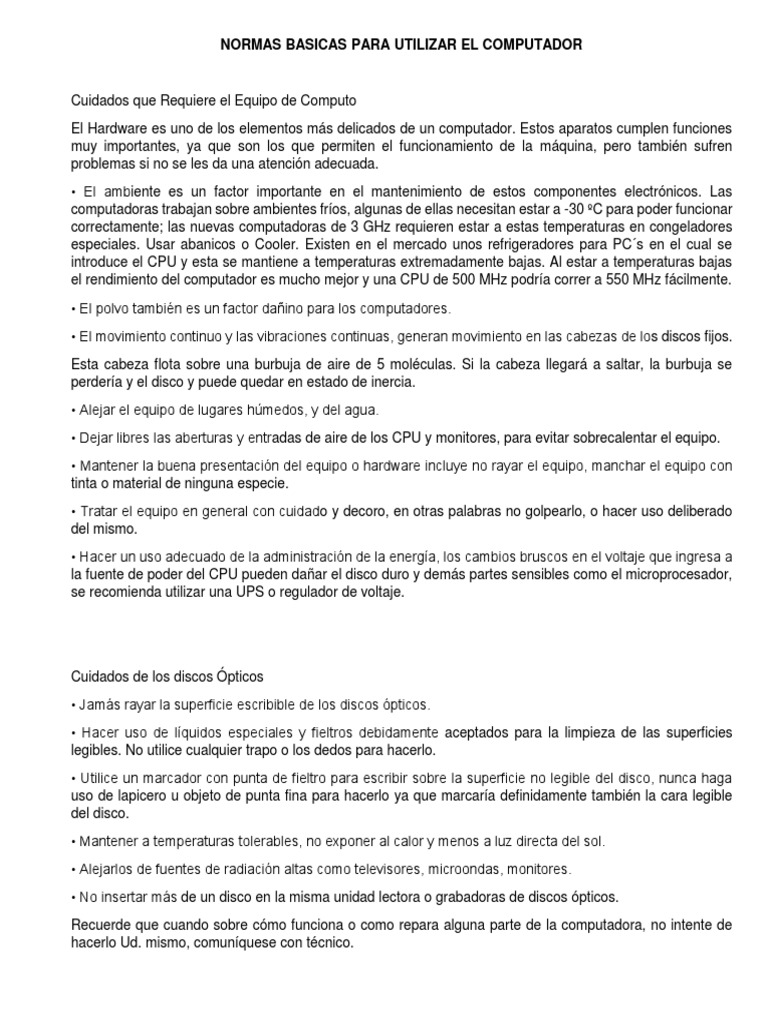 Normas Básicas Del Computador | PDF | Teclado | Factores humanos y ...