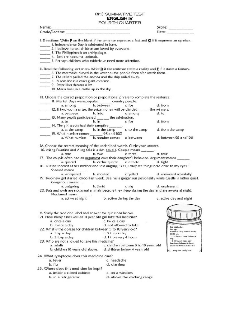 Summative Test Grade 4 English PDF