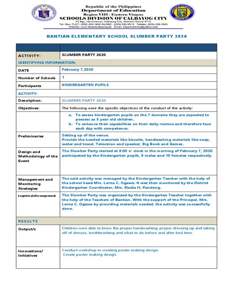 Bantian Kindergarten Slumber Party 2020 | PDF | Behavior Modification ...