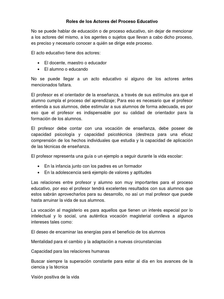 Roles de Los Actores Del Proceso Educativo | PDF | Maestros | Sicología