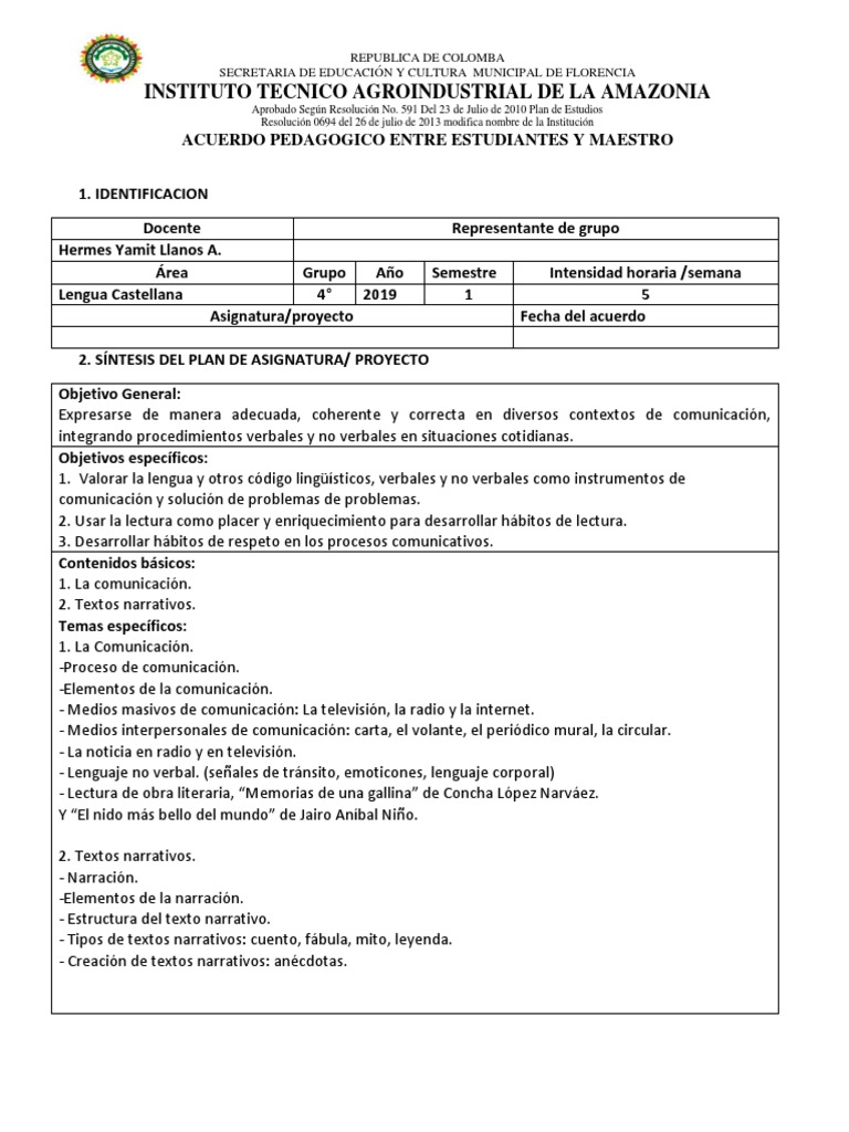 Acuerdo Pedagógico de Lengua Castellana | PDF | Plan de estudios ...