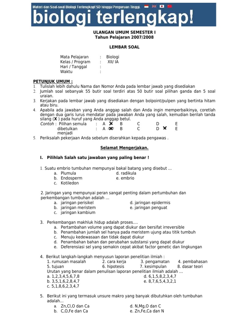 Kisi Uas Bio Kelas Xii Semester 1