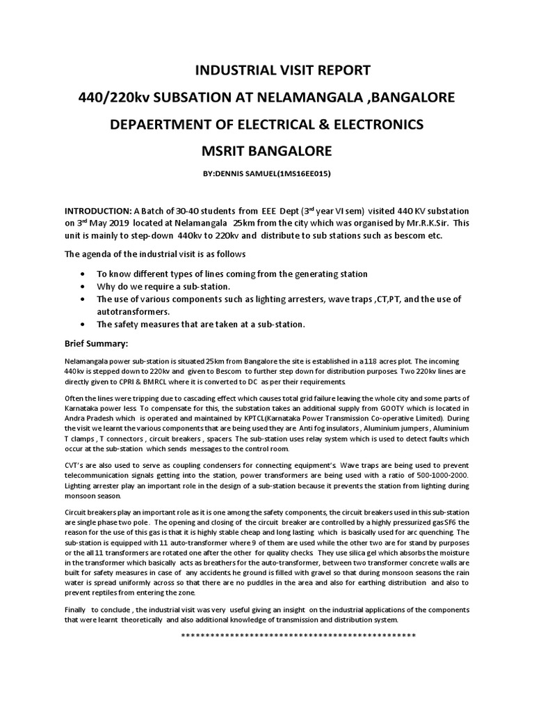 Industrial Visit Report Pdf Electrical Substation Power Physics