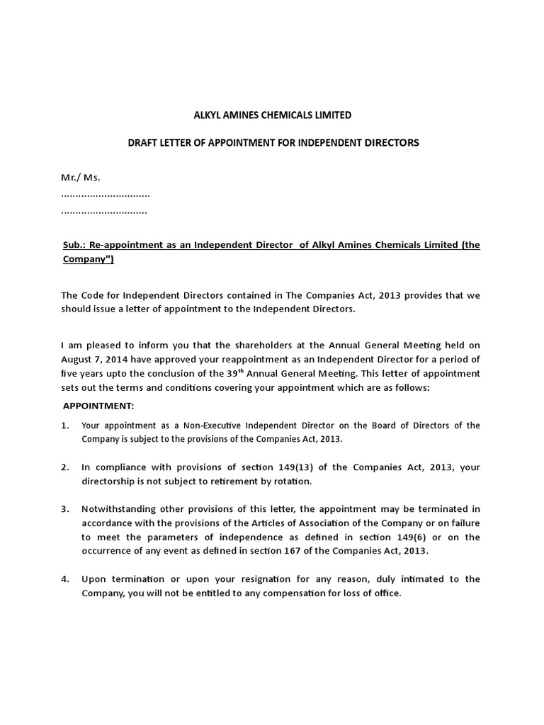 Reappointment Letter for Independent Director | PDF | Board Of ...