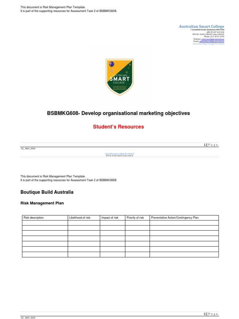 Risk Management Plan Template V2 - MAY - 2019 C IA | PDF