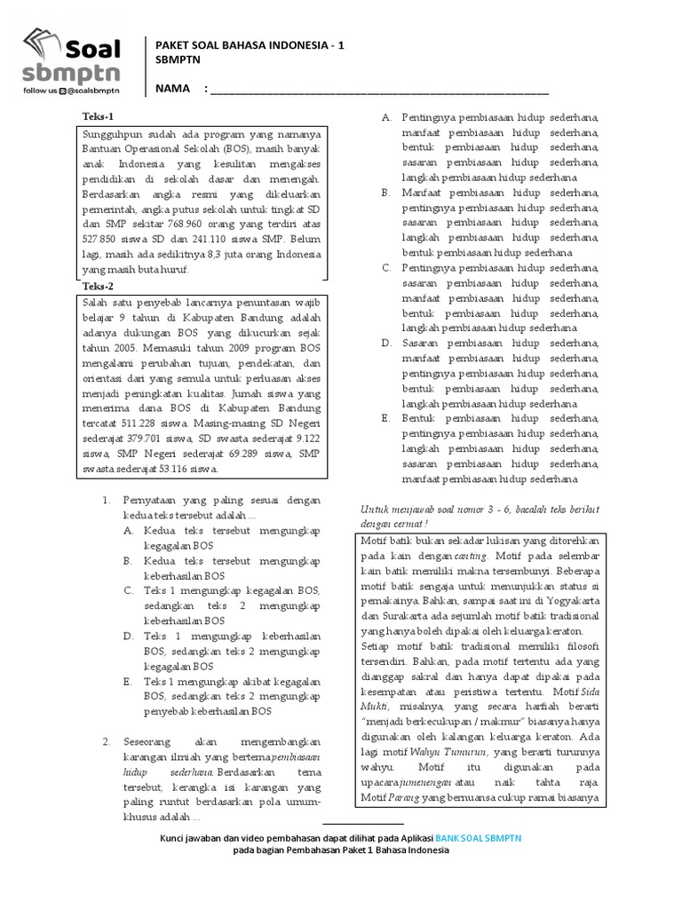 Soal Snmptn Bahasa Indonesia Dan Kunci Jawaban Guru Galeri