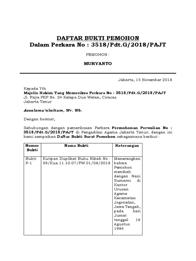 Daftar Bukti Perwalian Muryanto 2018 | PDF