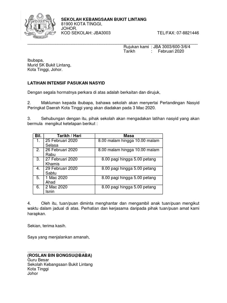 Surat Makluman Ibu Bapa Latihan Intensif