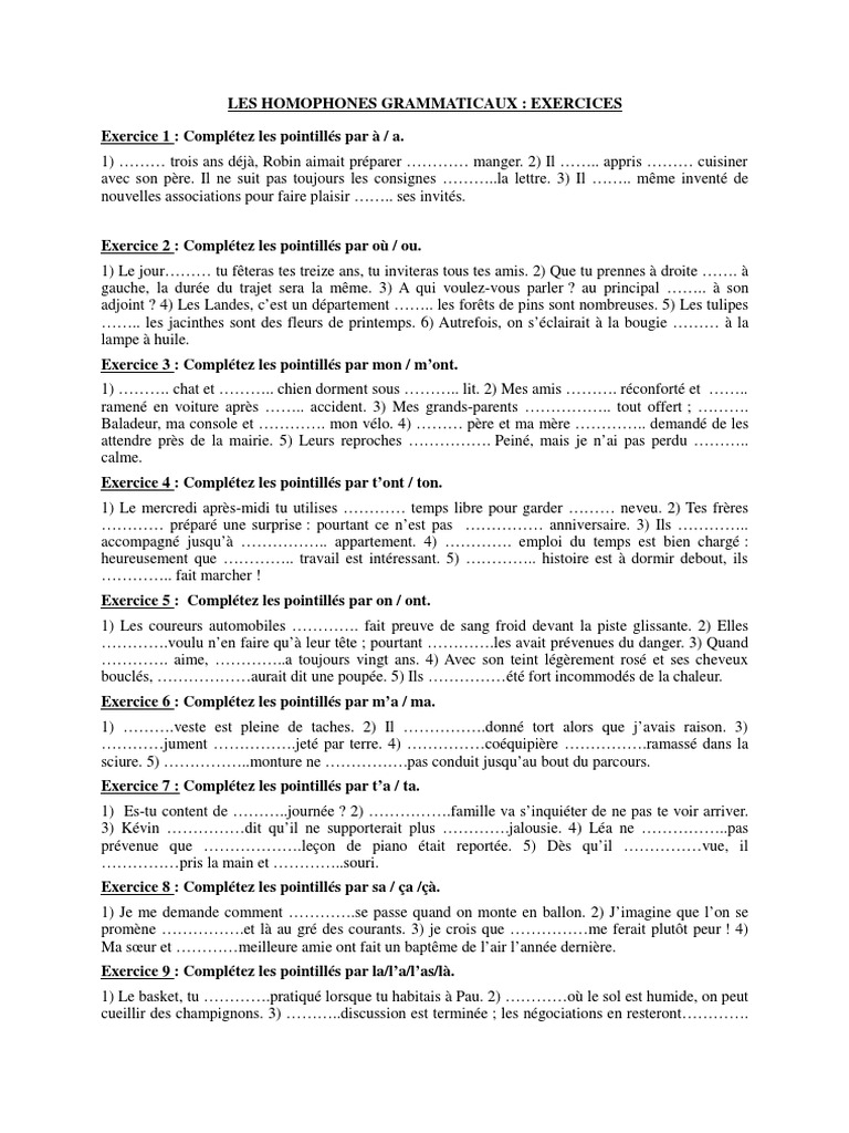 Exercice Homophone Cm1 à Imprimer Exercice Les Homophones Grammaticaux PDF | PDF
