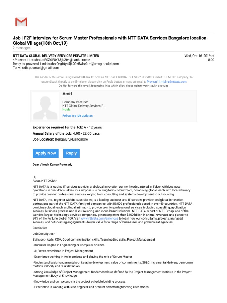 Gmail - Job - F2F Interview For Scrum Master Professionals With NTT DATA  Services Bangalore Location-Global Village (18th Oct, 19) PDF | PDF
