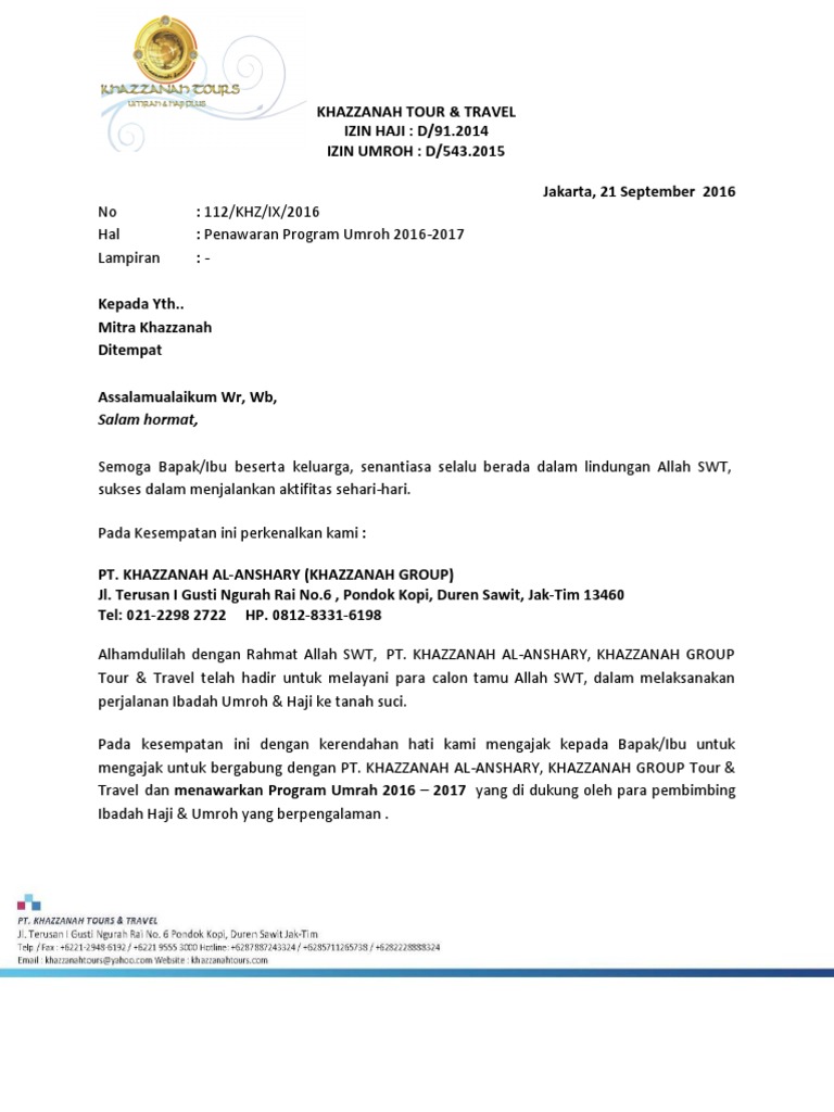 Contoh Surat Penawaran Umroh