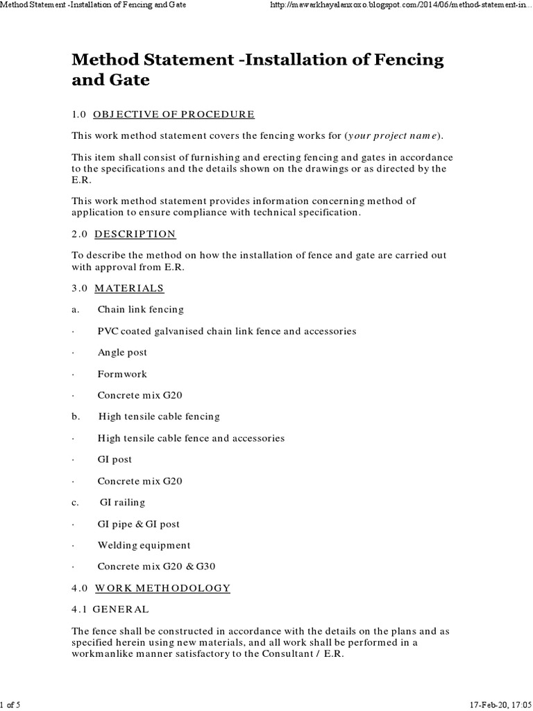 Method Statement Installation of Fencing and Gate