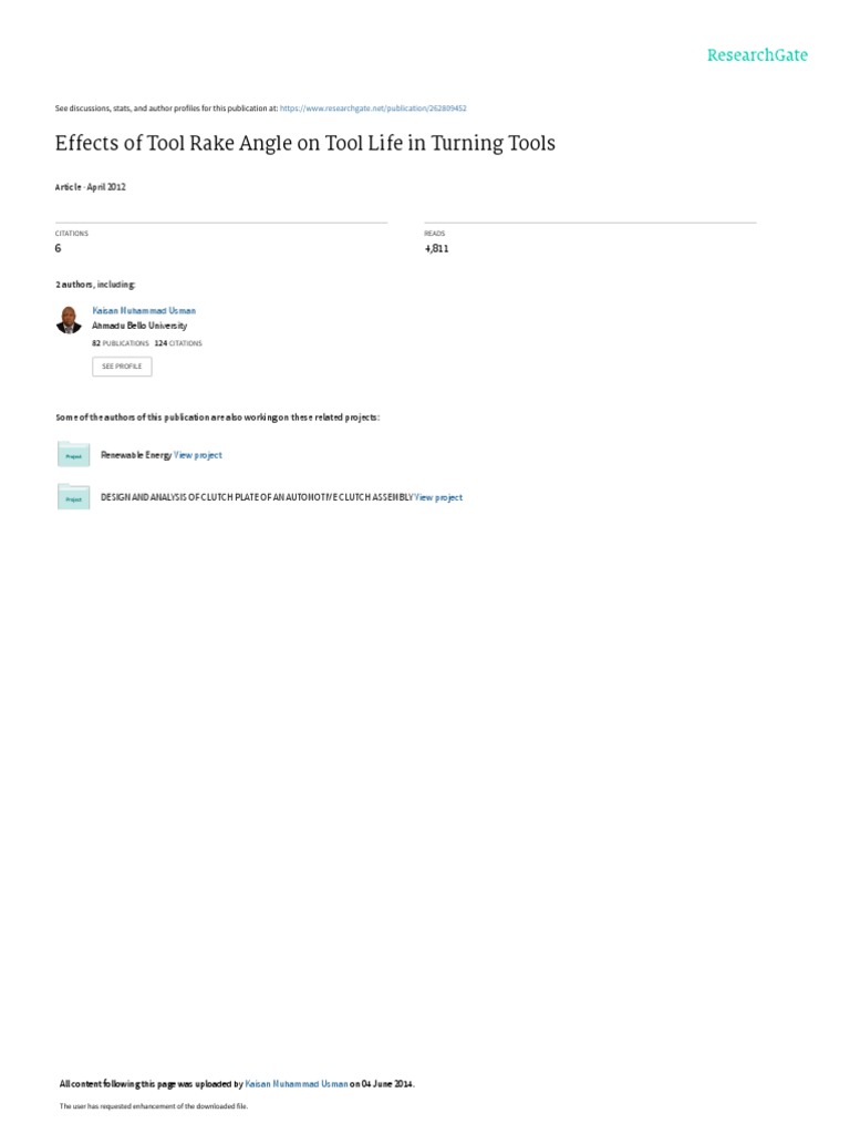 Effects of Tool Rake Angle On Tool Life in Turning Tools PDF