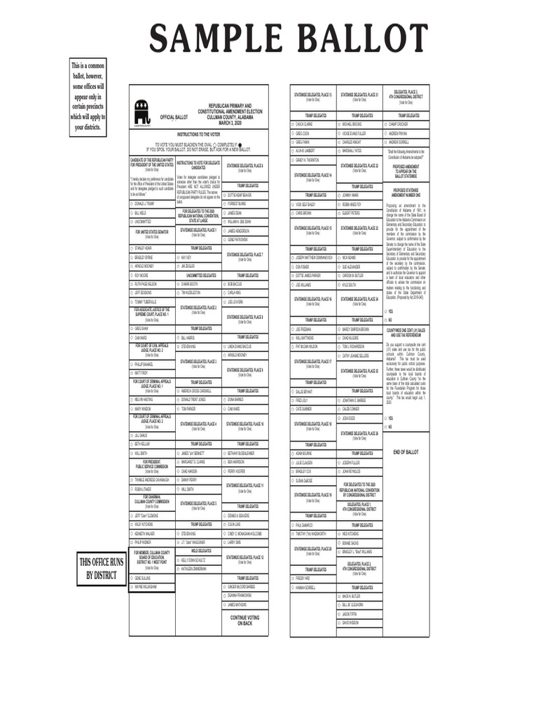 Cullman County Republican Primary Sample Ballot 2020