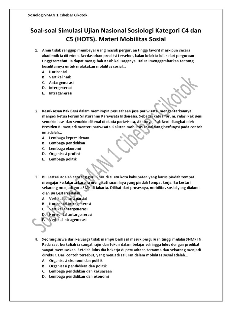 Soal Soal Simulasi Ujian Nasional Sosiologi Kategori C4 Dan C5 Hots Materi Mobilitas Sosial