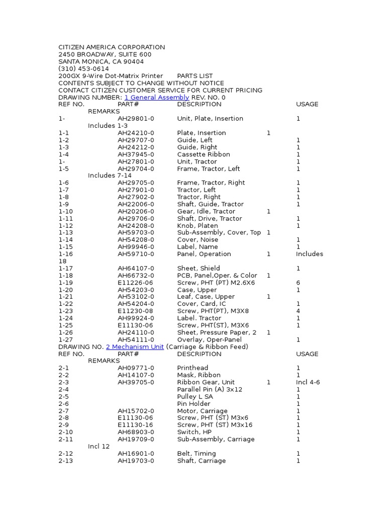 200GX 9 Pin Dot Matrix Spares Guide