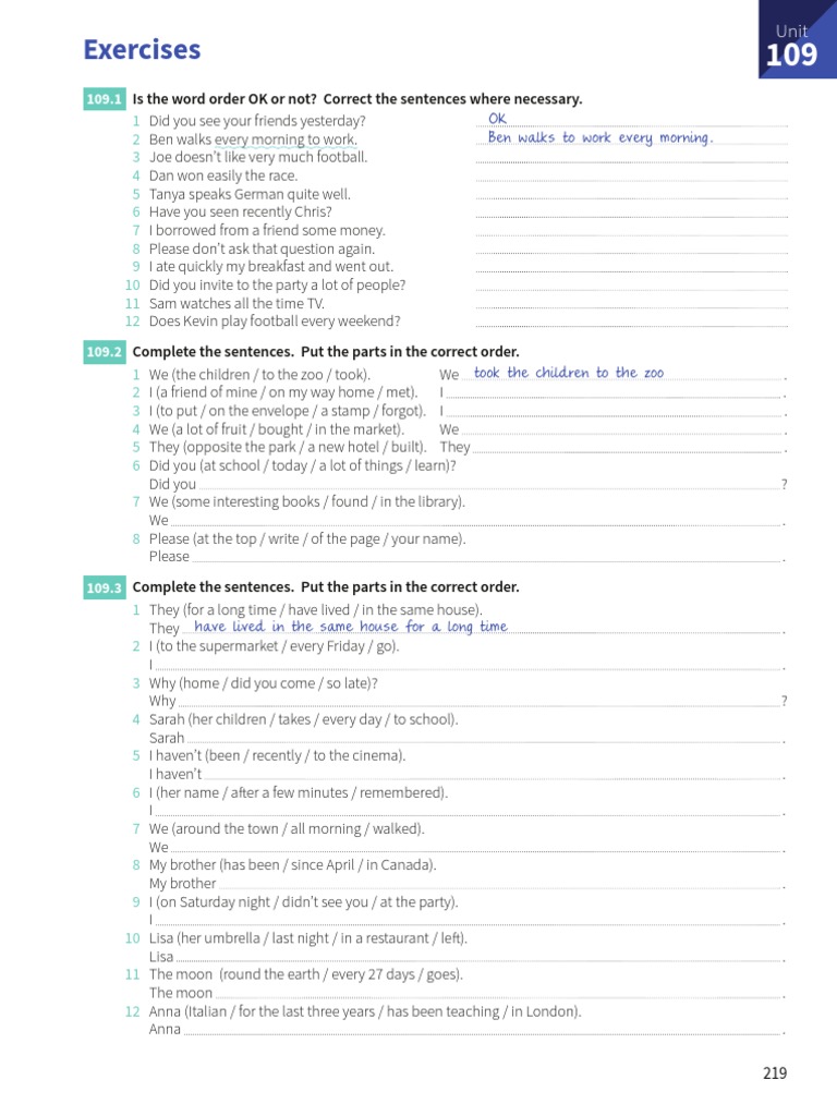 Word Order Exercises for Sentence Structure | PDF | Language Arts ...
