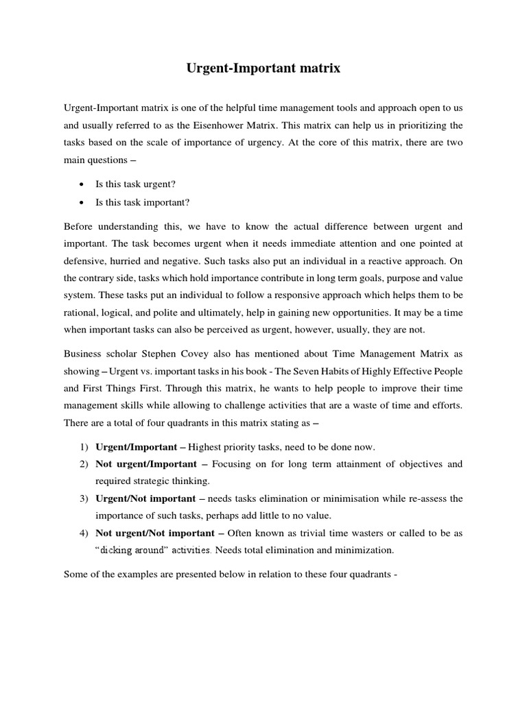 Urgent and Important Matrix | PDF