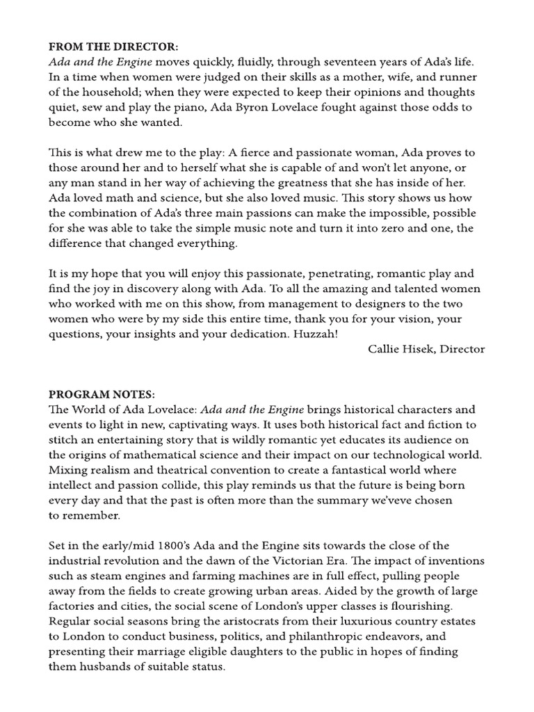 Ada and The Engine Dramaturg Director Notes | PDF
