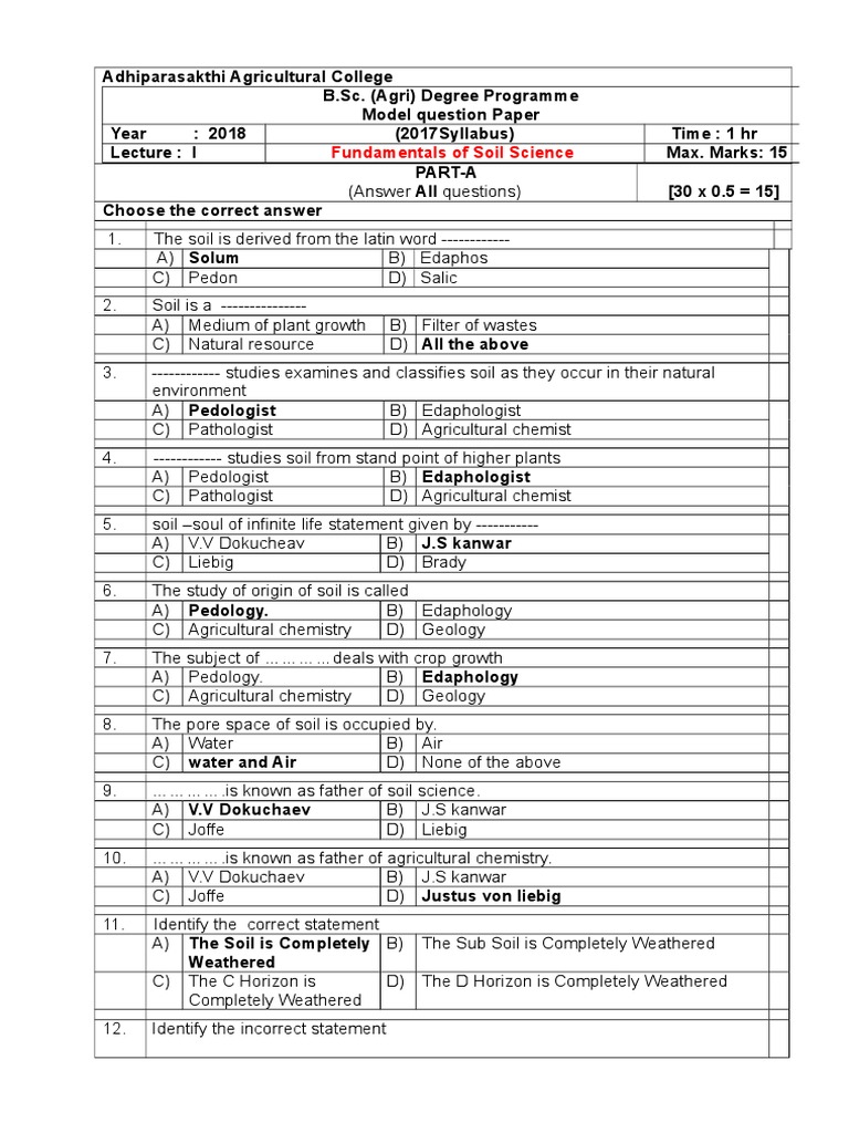 Soil Science Model Question Paper 2018 | PDF | Science & Mathematics