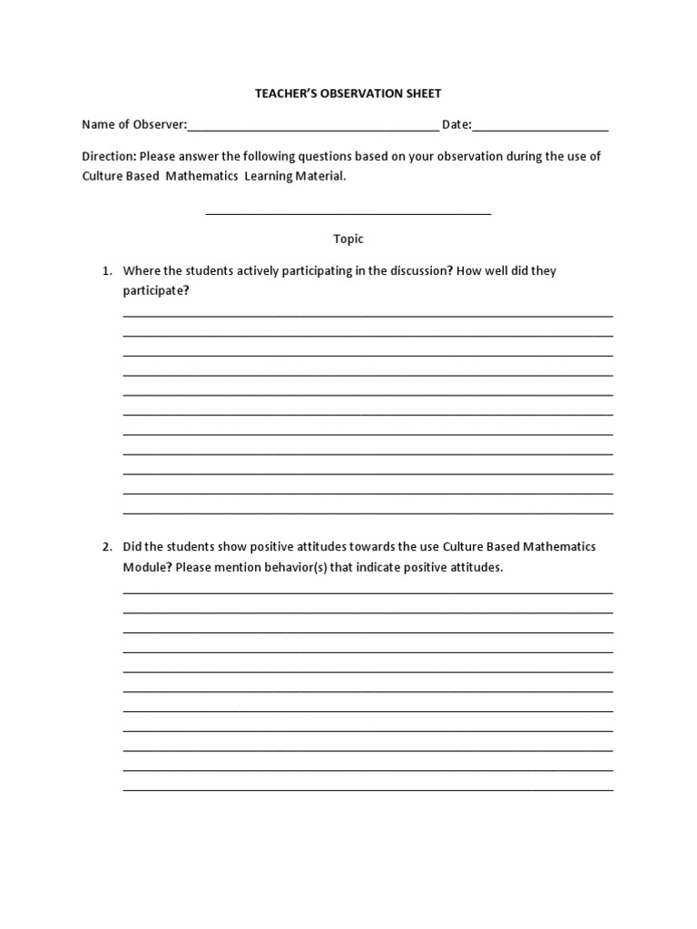 Teacher Observation Sheet and Student Journal PDF Attitude