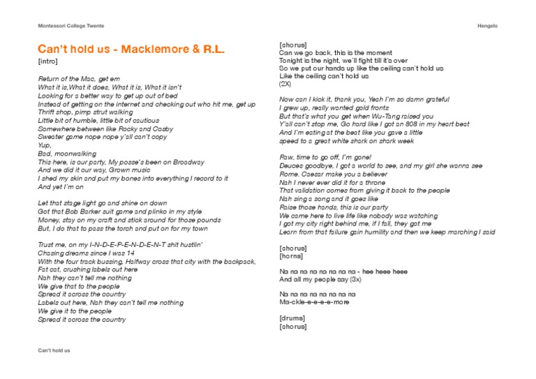 Can't Hold Us Lyrics PDF Recorded Music