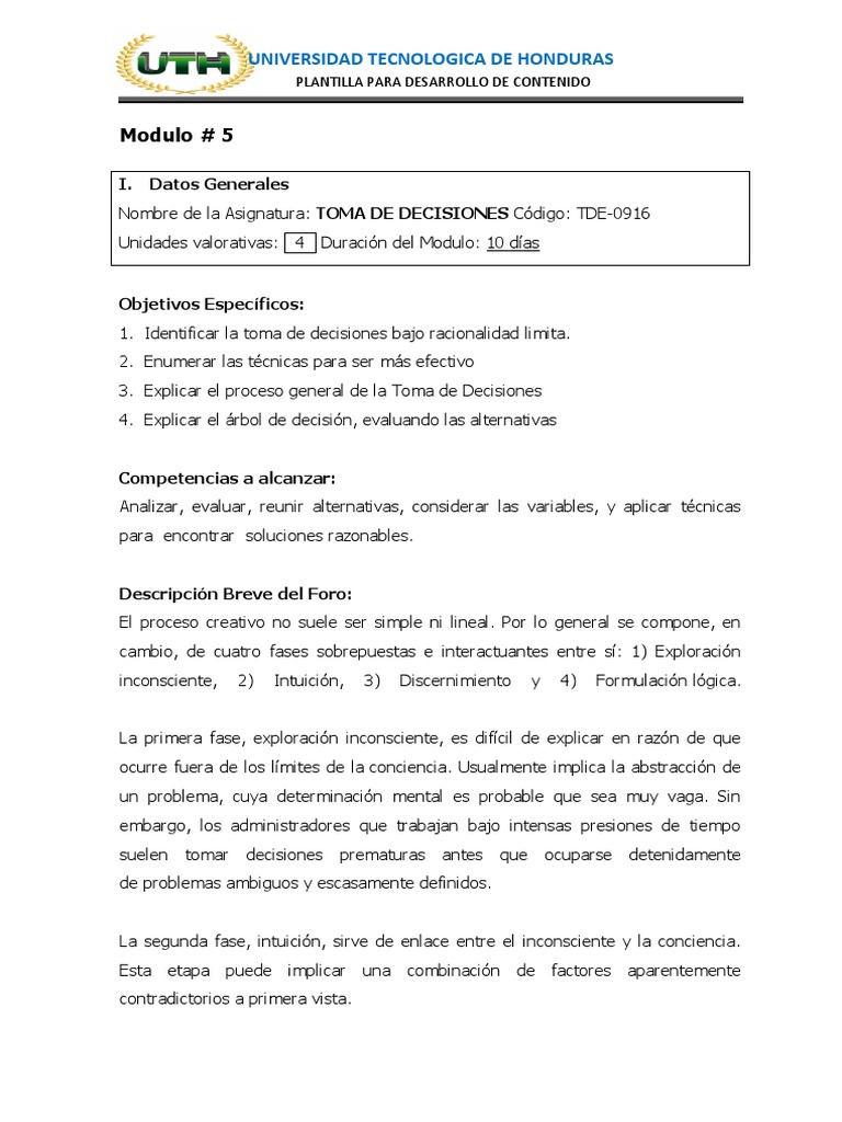 Modulo 5 Toma de Decisiones | PDF | Racionalidad | Toma de decisiones
