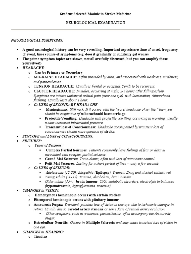 Neurological Assessment for Stroke | PDF | Headache | Coma