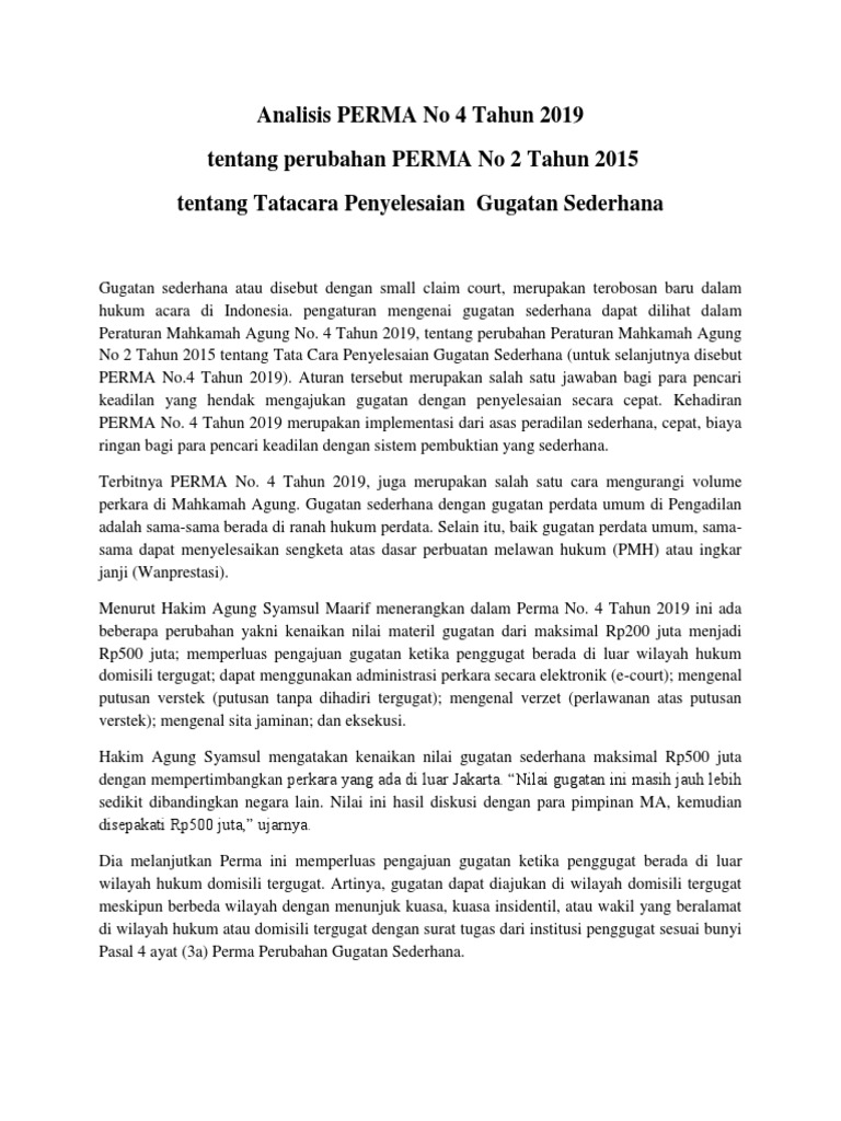 Analisis Perma No 4 Tahun 2019